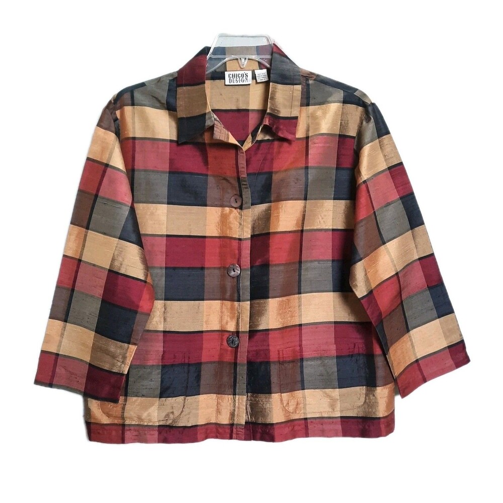 VTG Chicos Raw Silk Plaid Boxy Button Shirt Jacket SHACKET Multicolor Sz 2 / L